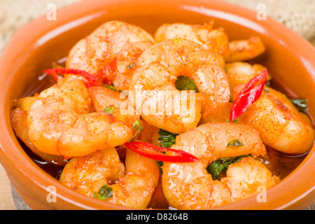 Gambas Pil Pil (Sizzling Garnelen mit Chili und Knoblauch). Traditionelle spanische Tapas Teller. Stockfoto