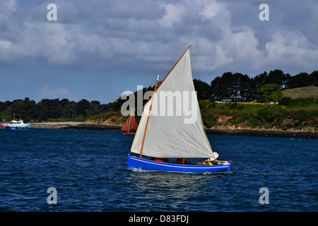 Kleines Segelboot, Segel und Ruder Boot Segeln in Morbihan Golf während maritimen Events "Semaine du Golfe" (Morbihan, Bretagne). Stockfoto