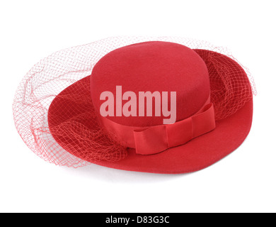 Roten verschleiert elegante Damen Hut isoliert auf weißem Hintergrund Stockfoto