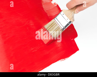 Person, die einen Pinsel, einen roten Anstrich über weißem Hintergrund Stockfoto