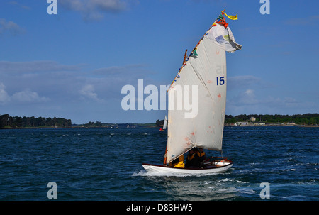 "La Rieuse", Segel und Paddel Boot, Architekt François Vivier, Segeln im Golf von Morbihan, während maritime Veranstaltung "Semaine du Golfe". Stockfoto