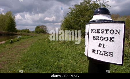 Preston Brook Zeichen Posten auf dem Trent und Mersey Kanal in der Nähe von Sandbach UK Stockfoto