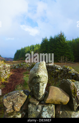 Stein gemeißelt menschliche Gesichter eingebettet in trockenen Stein Deiche von Matt Baker, Galloway Forest Park, Dumfries & Galloway, Schottland. Stockfoto