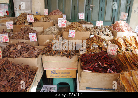 Getrocknete Garküche am Tha Tian getrocknet Meer Lebensmittel-Markt in Bangkok, Thailand Stockfoto