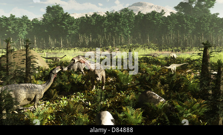 Lurdusaurus und Nigersaurus Dinosaurier eine prähistorische Wald Weiden Stockfoto