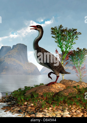 Hesperornis am Ufer eines Sees umzusehen. Stockfoto