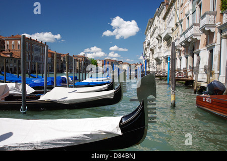 Gondeln vor Anker am Canal Grande im Sestiere San Marco - Venedig, Italien Stockfoto