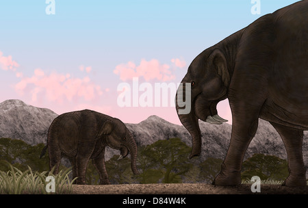 Zwei Dinoterium, eines ausgestorbenen Tieres der Miocene Epoche, im Vergleich zu heutigen Elefanten. Stockfoto