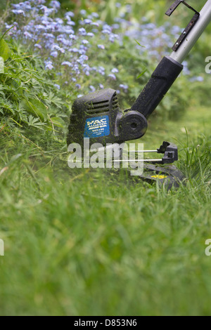 Strimming lange Grashalme gegen eine Blume-Grenze in einem englischen Garten Stockfoto