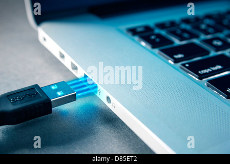 USB-Anschluss an einen Laptop. Stockfoto