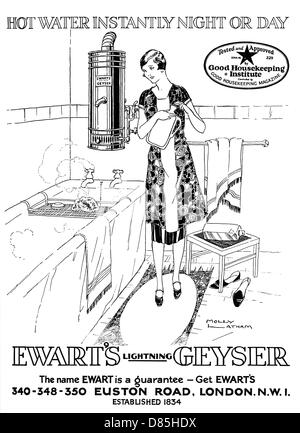 Werbung für Ewart's Geyser Warmwasser 1927 Stockfoto