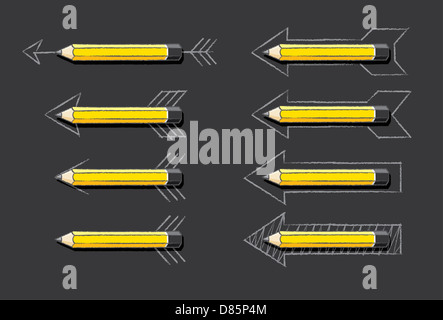 Gelbe Spitze Bleistifte Überlagerung verschiedene Arten von Pfeilen gezeichnet mit Schatten über schwarzer Hintergrund Stockfoto
