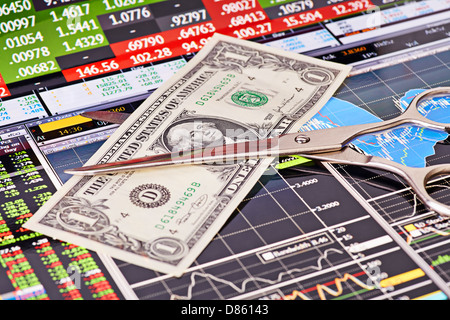 Schere schneiden ein-Dollar-Banknote. Finanz-Charts und Spalten der Preise als Hintergrund Stockfoto