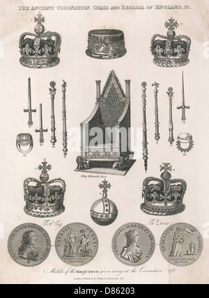 Krönungsstuhl & Regalia von England Stockfoto