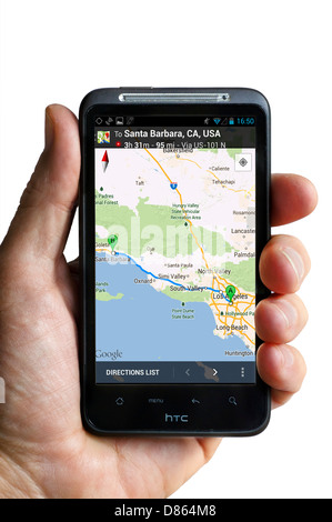 GoogleMaps auf einem HTC Smartphone, USA Stockfoto