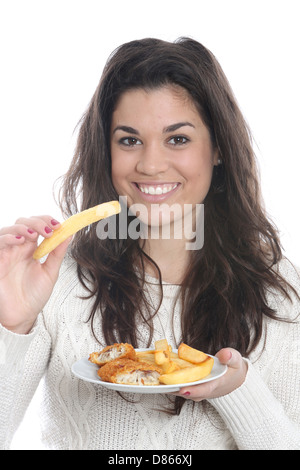 -Modell veröffentlicht. Junge Frau, Fish &amp; Chips essen Stockfoto