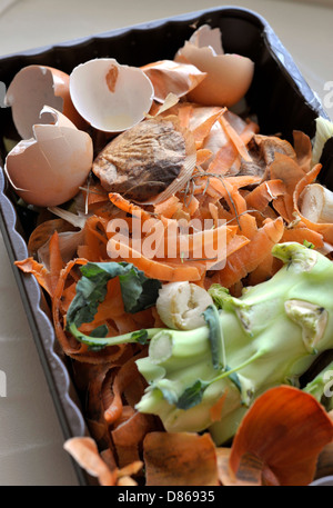 Haushalt Küche pflanzliche Abfälle in einem wiederverwendet Nahrungsmittelbehälter bereit für den Komposthaufen oder Wormery. Stockfoto