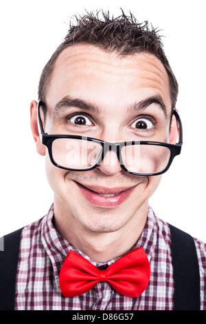 Dumme Nerd Mann, lustiges Gesicht, isoliert auf weißem Hintergrund Stockfoto