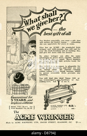 1928-Werbung für die Acme Kleidung Mangel - eine Wasch-Hilfe in den Tagen vor dem Dreh zu trocknen Stockfoto