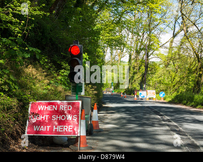 Ampel und "bei Rotlicht warten hier zeigt" unterzeichnen auf Landstraße, Devon, England Stockfoto