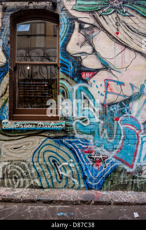 Melbournes Hosier & Rutledge Gassen sind ein berühmter Wahrzeichen wo Straßenkünstler die Wände schmücken dürfen. Stockfoto