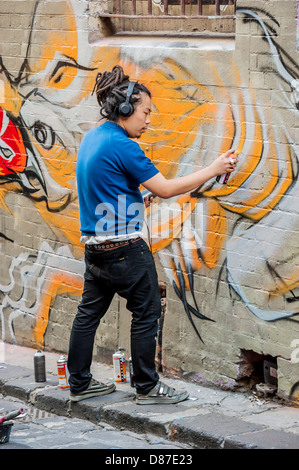 Straßenkünstler schmücken die Wände von Melbournes Hosier & Rutledge Lanes mit Wandmalereien, die eine beliebte Touristenattraktion darstellen. Stockfoto