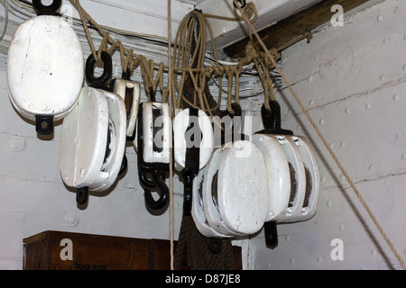 Block und für Rigging und Seile RRS Discovery. Dundee verwendet. Polarforschung Stockfoto