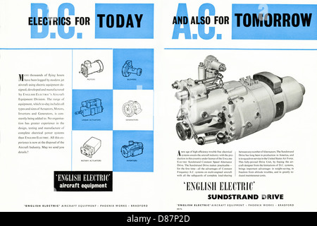 Zweiseitige Werbung für DIE ENGLISCHE ELECTRIC sundstrand Drive Aircraft Equipment Division Werbung in der Fachzeitschrift um 1955 Stockfoto