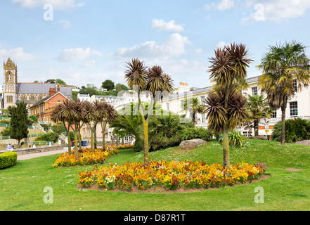 Palmen in einem Garten in der Stadtzentrum, Torquay, Devon, UK Stockfoto