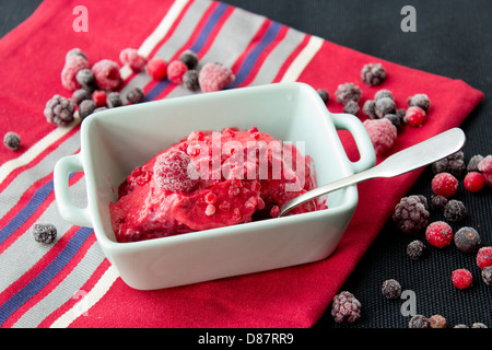 Hausgemachter Himbeer-Eis mit roten Beeren mix Stockfoto