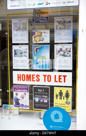 Häuser / Zeichen mit Vermietung Häuser Eigenschaften in einem Immobilienmakler Fenster lassen Sie mieten, Großbritannien Stockfoto