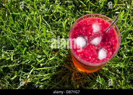 Großes Glas Erdbeer Mojito im Garten mit Rasen-Hintergrund Stockfoto