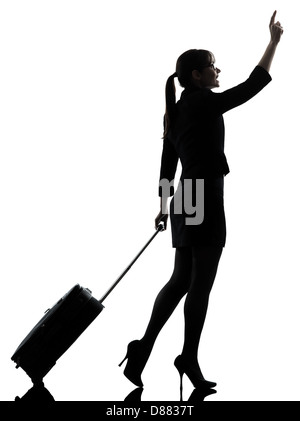 ein Geschäftsreisender Frau zu Fuß hagelt Silhouette Studio isoliert auf weißem Hintergrund Stockfoto