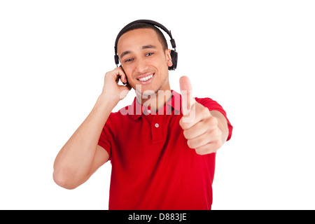 Schwarzer Mann Spaß Musikhören - auf einem weißen Hintergrund isoliert Stockfoto