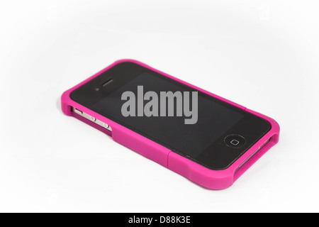Realistische Smartphone in rosa Hülle isoliert auf weißem Hintergrund Stockfoto