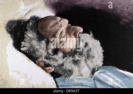 Victor Hugo (1802-1885). Französischer Dichter, Schriftsteller und Dramatiker zur romantischen Bewegung. Victor Hugo nach seinem Tod. Gravur. Stockfoto