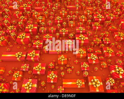 Verkauf-Konzept - eine Menge von Geschenk-Boxen auf rotem Hintergrund Draufsicht Stockfoto