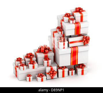 Ecke Haufen von weißes Geschenkboxen auf weißem Hintergrund Stockfoto