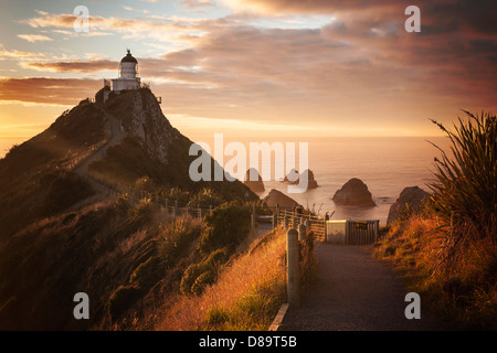 Sonnenaufgang am Nugget Point, Otago, Neuseeland - stimmungsvolle Sonnenaufgang am Leuchtturm am Nugget Point in den Catlins... Stockfoto