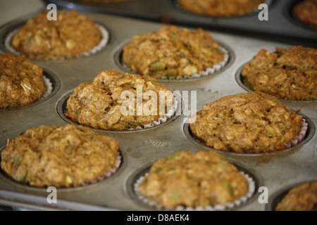 Hausgemachte Kürbismuffins aus Vollkornweizen werden frisch gebacken und heiß aus dem Ofen. Die Muffins sind goldbraun mit einer feuchten Textur, aromatisiert mit Kürbis und saisonalen Gewürzen. Stockfoto