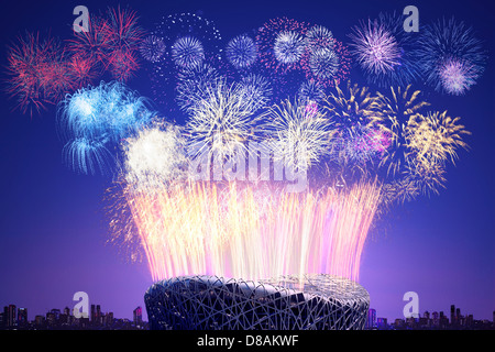 Feuerwerk über dem Nationalstadion Stockfoto