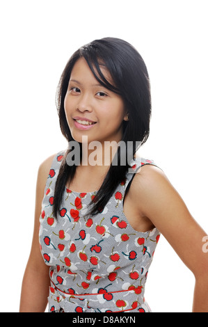 Asiatische Mädchen sieht glücklich in Cherry Kleid Stockfoto