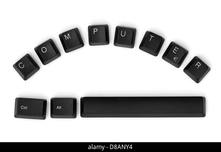 COMPUTER-Wort auf einer Tastatur geschrieben. Isoliert auf weißem Hintergrund. Stockfoto