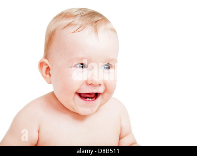 Niedliche glückliches Baby lachen. Porträt des jungen auf weißem Hintergrund Stockfoto