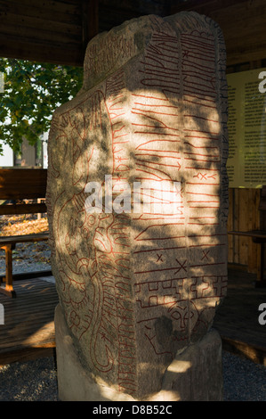 Runen und Darstellungen von Tieren auf Sparlösastenen aus frühen 9. Jahrhundert, ungewöhnlichsten Runenstein Schwedens, in der Nähe von Vara. Stockfoto