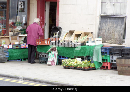 Eine alte Dame kaufen Obst aus den Displays vor einem Geschäft in Thornbury in Gloucestershire, England, UK. Mai 2013 Stockfoto