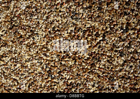 Ein Bild, das die grobe Textur von Sand und Kies zeigt, die häufig im Bau oder im Landschaftsbau verwendet wird. Die Details der einzelnen Partikel sind deutlich sichtbar, was die Rauheit des Materials unterstreicht. Stockfoto
