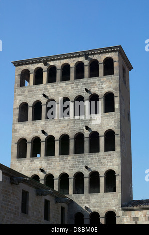 Detail der Turm von Rei Martí in Barcelona. Gotischen Viertel. Bogenfenster. Architektonisches Detail Stein Stockfoto