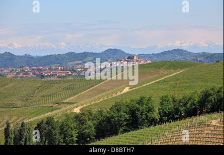Blick auf grünen Hügeln mit Weinbergen und kleinen Stadt Roddi auf Hintergrund im Frühjahr im Piemont, Norditalien. Stockfoto