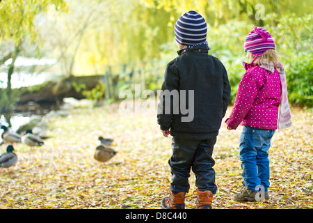 Zwei Kleinkinder beobachten Enten im Herbst Stockfoto